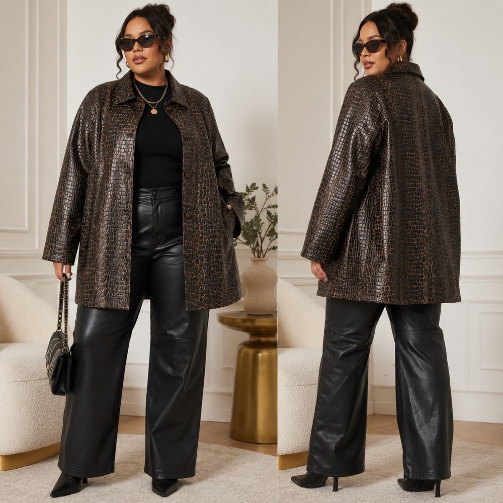 Vtg Chocolate Brown Croc Embossed Faux Leather Coat 3X Lightweight Y2K Mob Wife